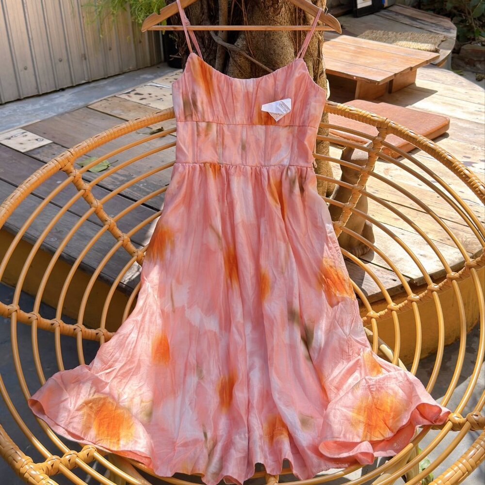 Peach Orange Tie Dye Spaghetti Strap Flowy Midi Sundress